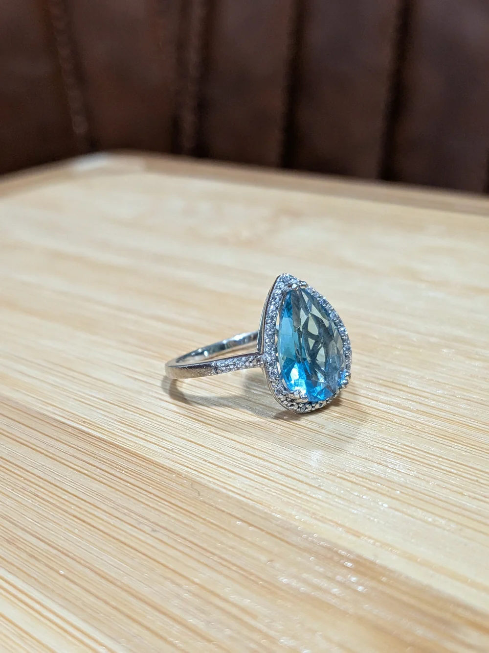 Pear-Shaped Blue Gemstone Halo Ring - Elegant Women's Jewelry, Sterling Silver